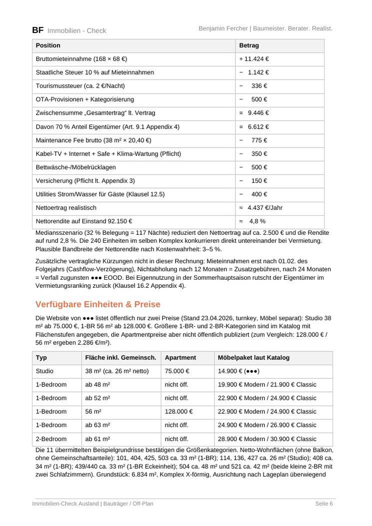 Beispielseite Rendite-Gegenrechnung
